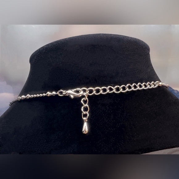 Silver-Tone Teardrop Obsidian Stone Encased Crystal Pendant & Matching Earrings - Picture 7 of 9